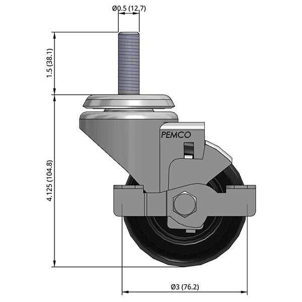 Side view drawing of caster with dimensions
